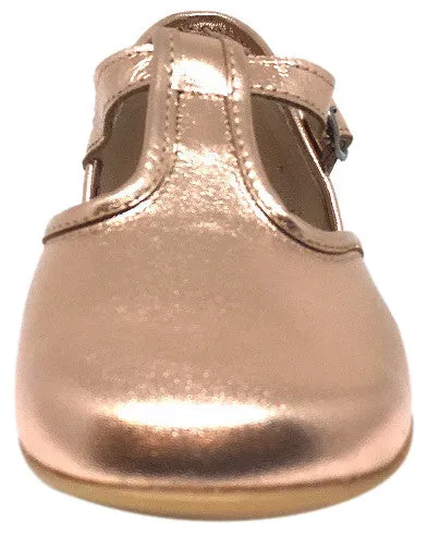 Hoo Shoes Girl's Chloe's Bright Metallic Rose Gold T-Strap Adjustable Buckle Mary Jane Flats