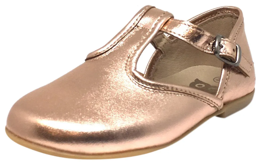 Hoo Shoes Girl's Chloe's Bright Metallic Rose Gold T-Strap Adjustable Buckle Mary Jane Flats