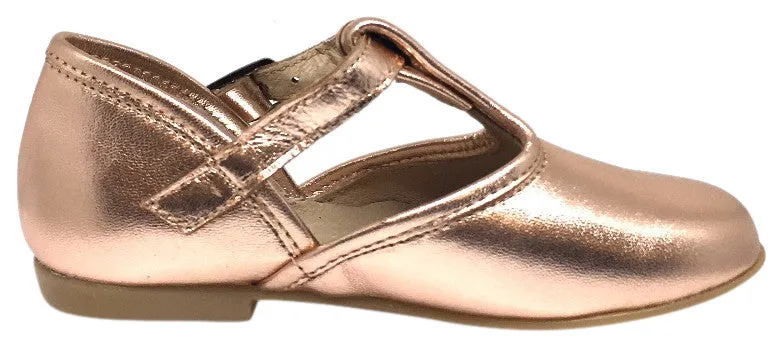 Hoo Shoes Girl's Chloe's Bright Metallic Rose Gold T-Strap Adjustable Buckle Mary Jane Flats