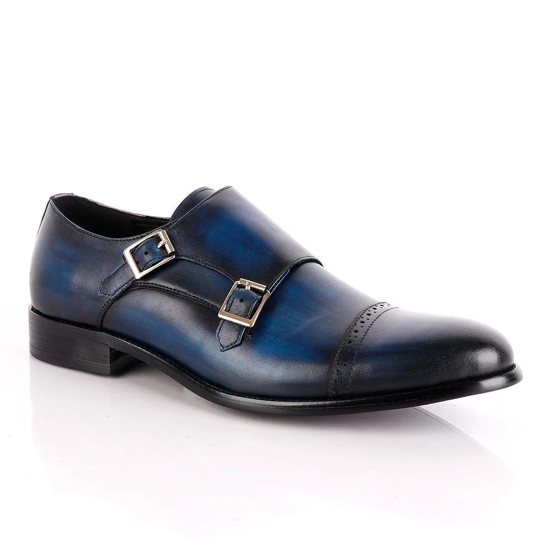 John Foster NavyBlue Leather Double Monk-strap Quarter Brogue Shoe