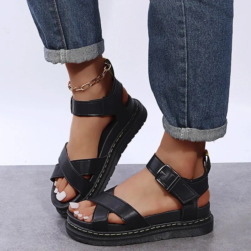 Joskaa Open Toe Flatform Wedges Shoes Woman Summer Beach Sandals Sexy Women Plus Size PU Leather Sandalias Mujer Sapato Feminino