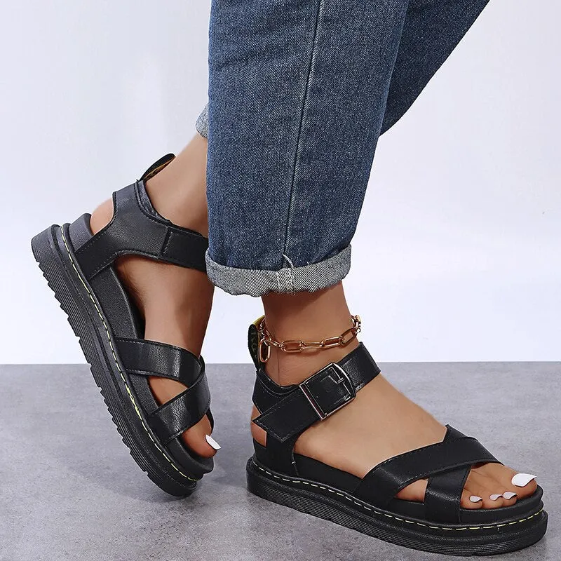 Joskaa Open Toe Flatform Wedges Shoes Woman Summer Beach Sandals Sexy Women Plus Size PU Leather Sandalias Mujer Sapato Feminino