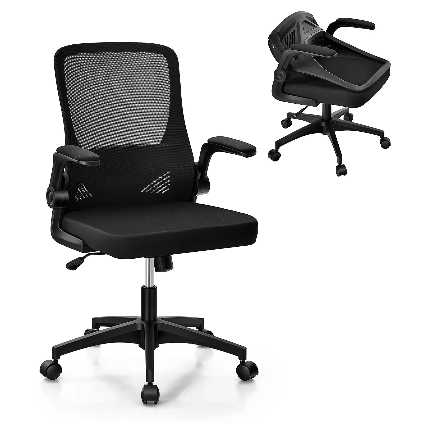 KOMFOTT Ergonomic Office Chair w/Foldable Backrest, Mid Back Mesh Chair with Lumbar Support, Flip up Arms