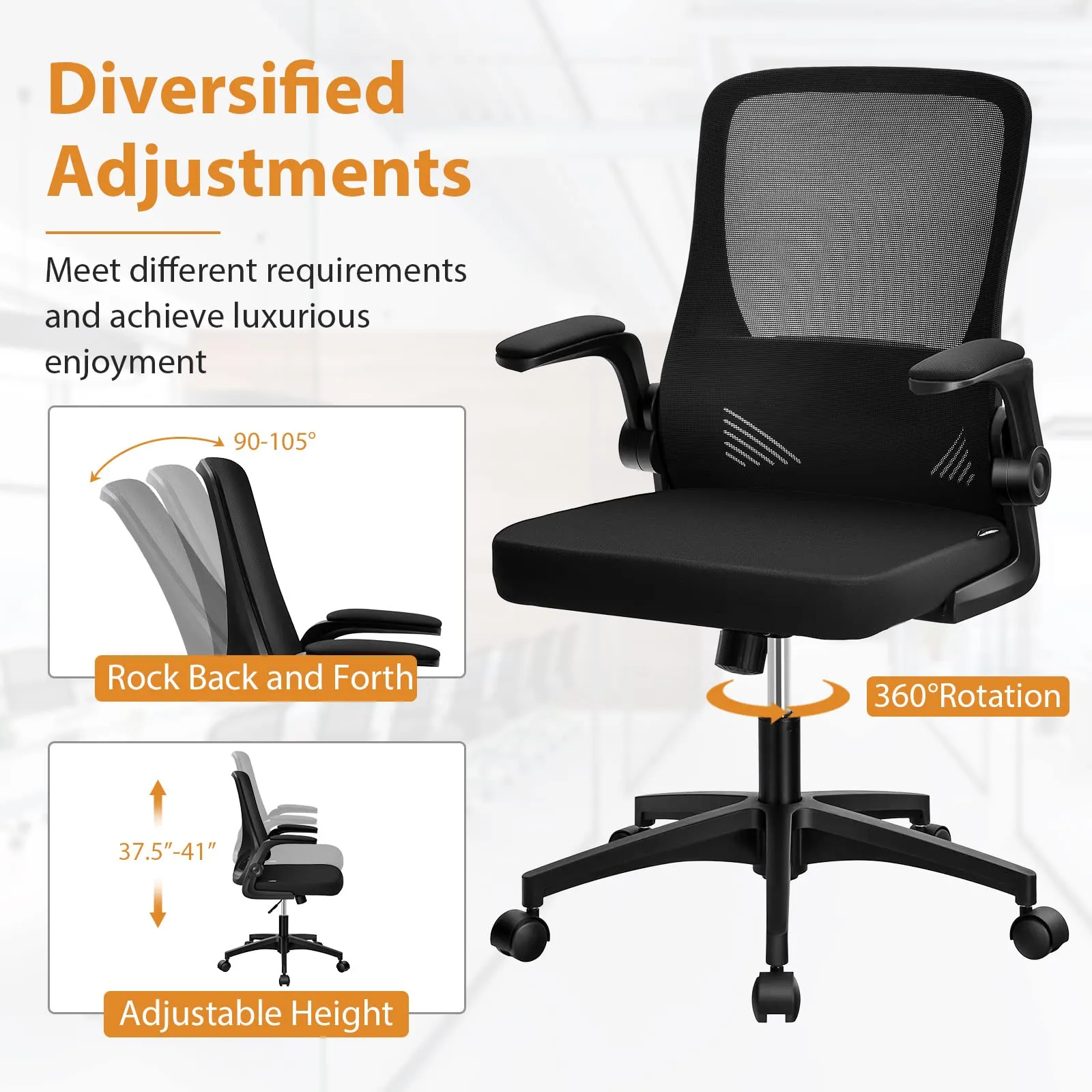 KOMFOTT Ergonomic Office Chair w/Foldable Backrest, Mid Back Mesh Chair with Lumbar Support, Flip up Arms