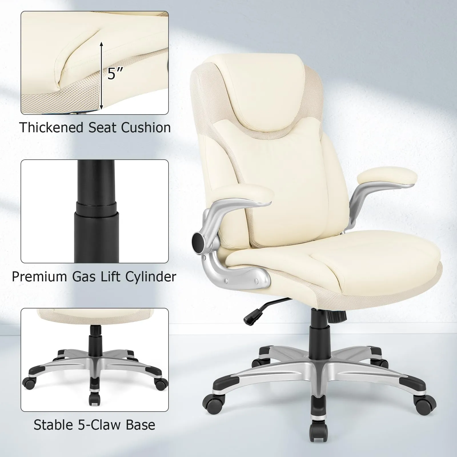 KOMFOTT Executive Office Chair, PU Leather Ergonomic Desk Chair with Flip-up Armrests and Height Adjustable