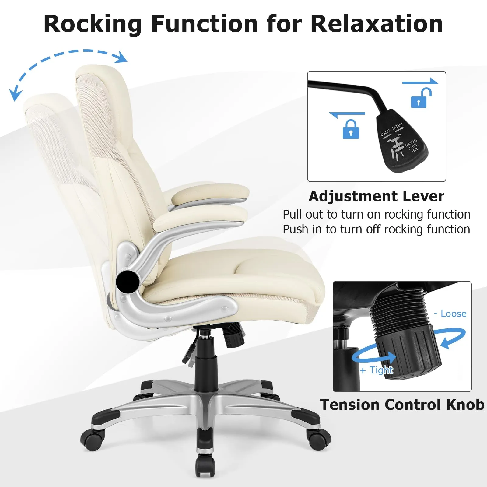 KOMFOTT Executive Office Chair, PU Leather Ergonomic Desk Chair with Flip-up Armrests and Height Adjustable