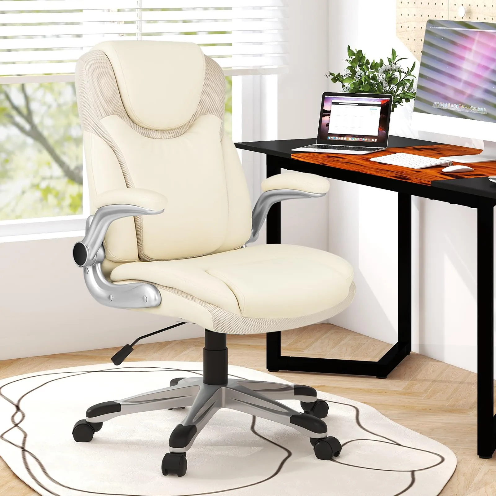 KOMFOTT Executive Office Chair, PU Leather Ergonomic Desk Chair with Flip-up Armrests and Height Adjustable