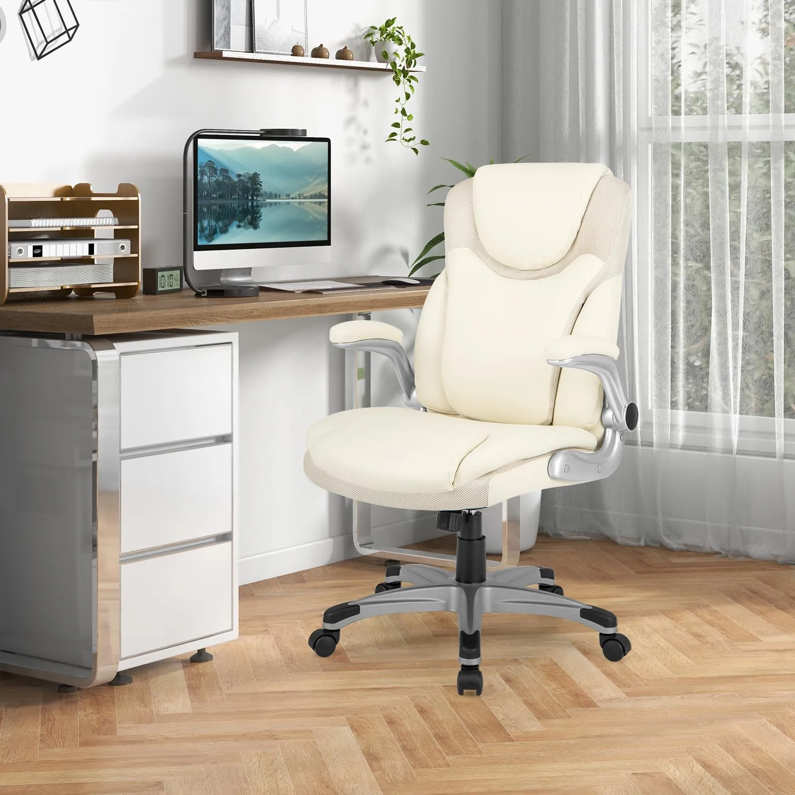 KOMFOTT Executive Office Chair, PU Leather Ergonomic Desk Chair with Flip-up Armrests and Height Adjustable