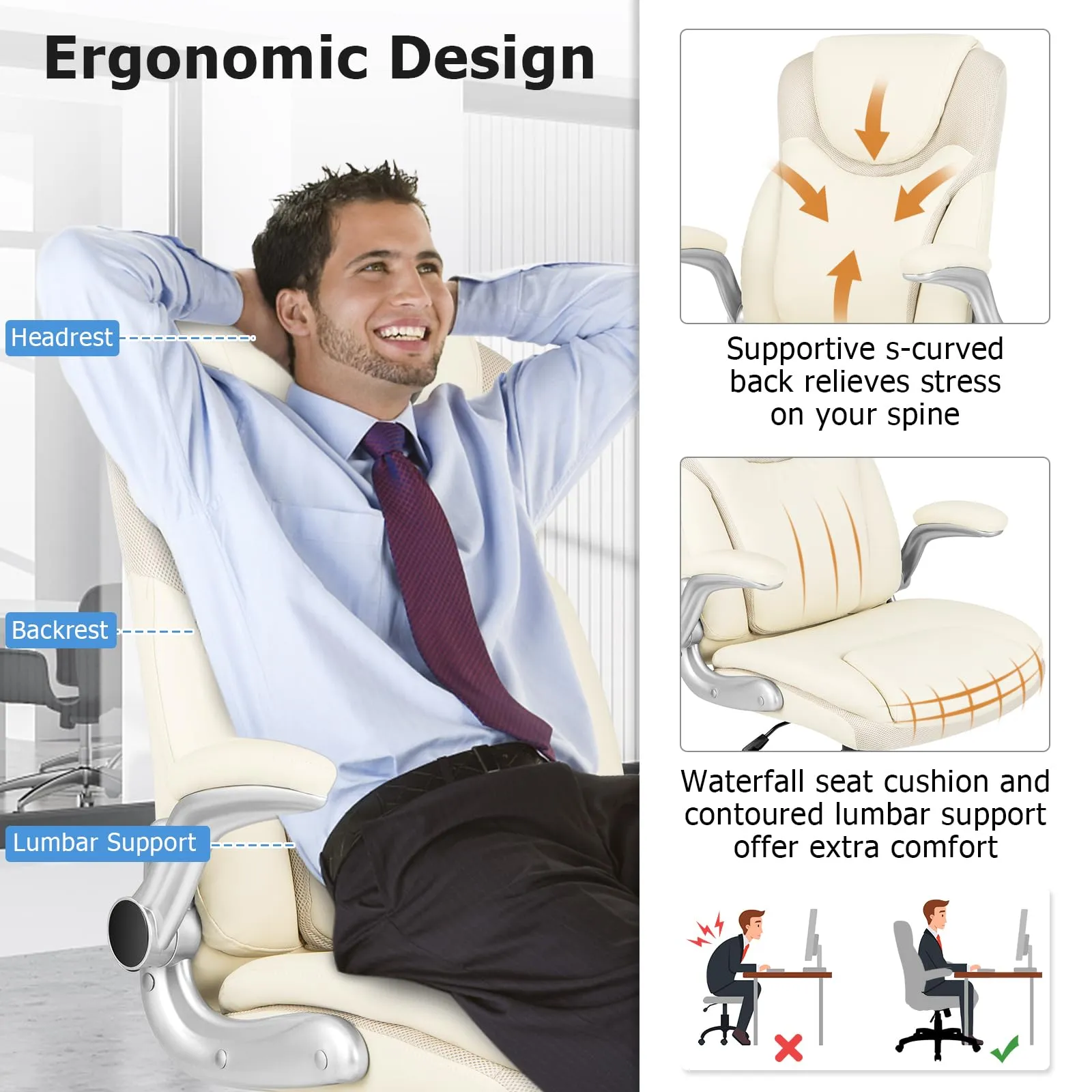 KOMFOTT Executive Office Chair, PU Leather Ergonomic Desk Chair with Flip-up Armrests and Height Adjustable