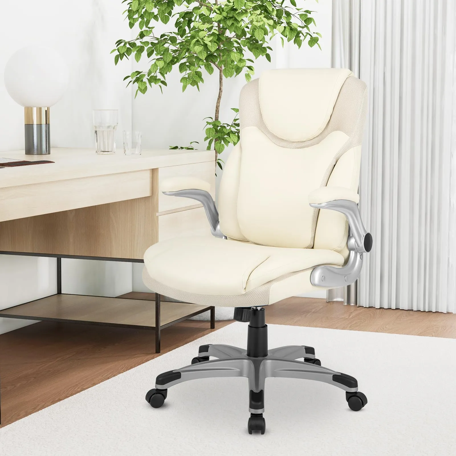 KOMFOTT Executive Office Chair, PU Leather Ergonomic Desk Chair with Flip-up Armrests and Height Adjustable