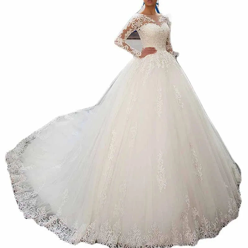 Lace Applique Bride Wedding Dresses Long Sleeve Bridal Chapel Train Wedding Gown