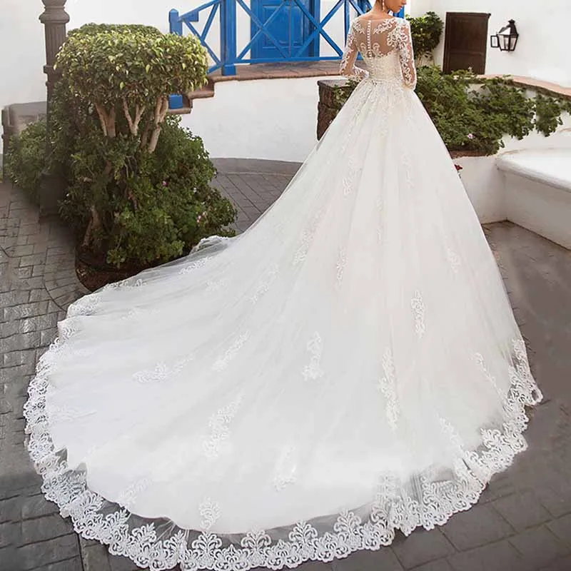 Lace Applique Bride Wedding Dresses Long Sleeve Bridal Chapel Train Wedding Gown