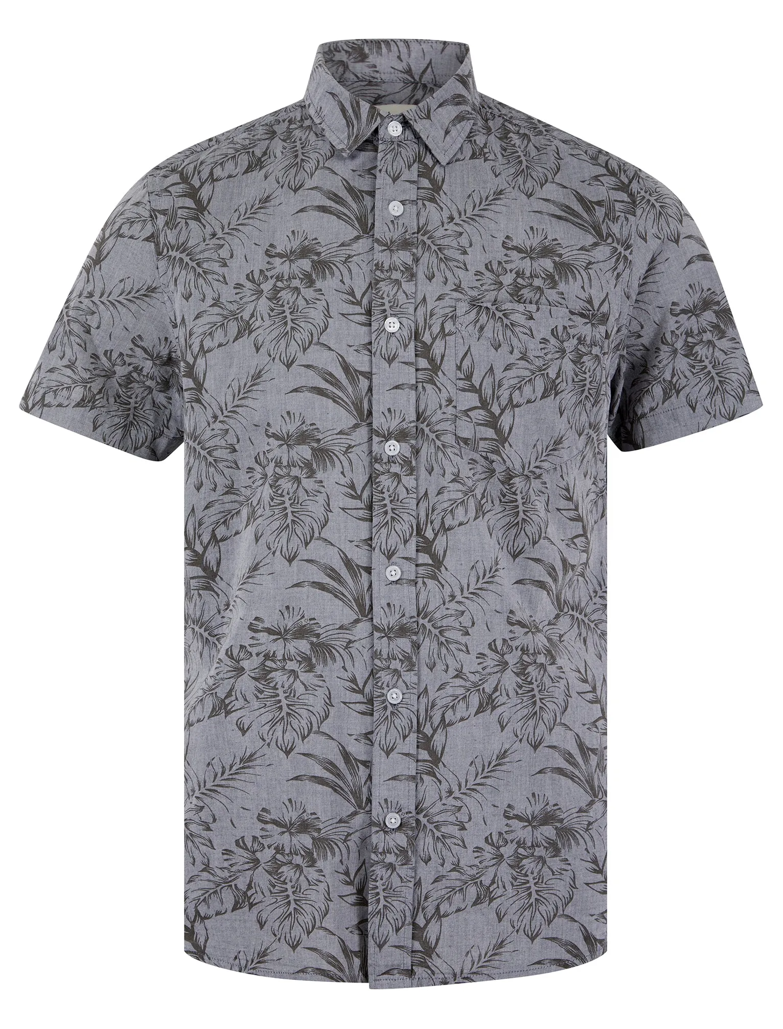 Lantana Palm Leaf Print Short Sleeve Cotton Chambray Hawaiian Style Shirt in Light Grey - Tokyo Laundry