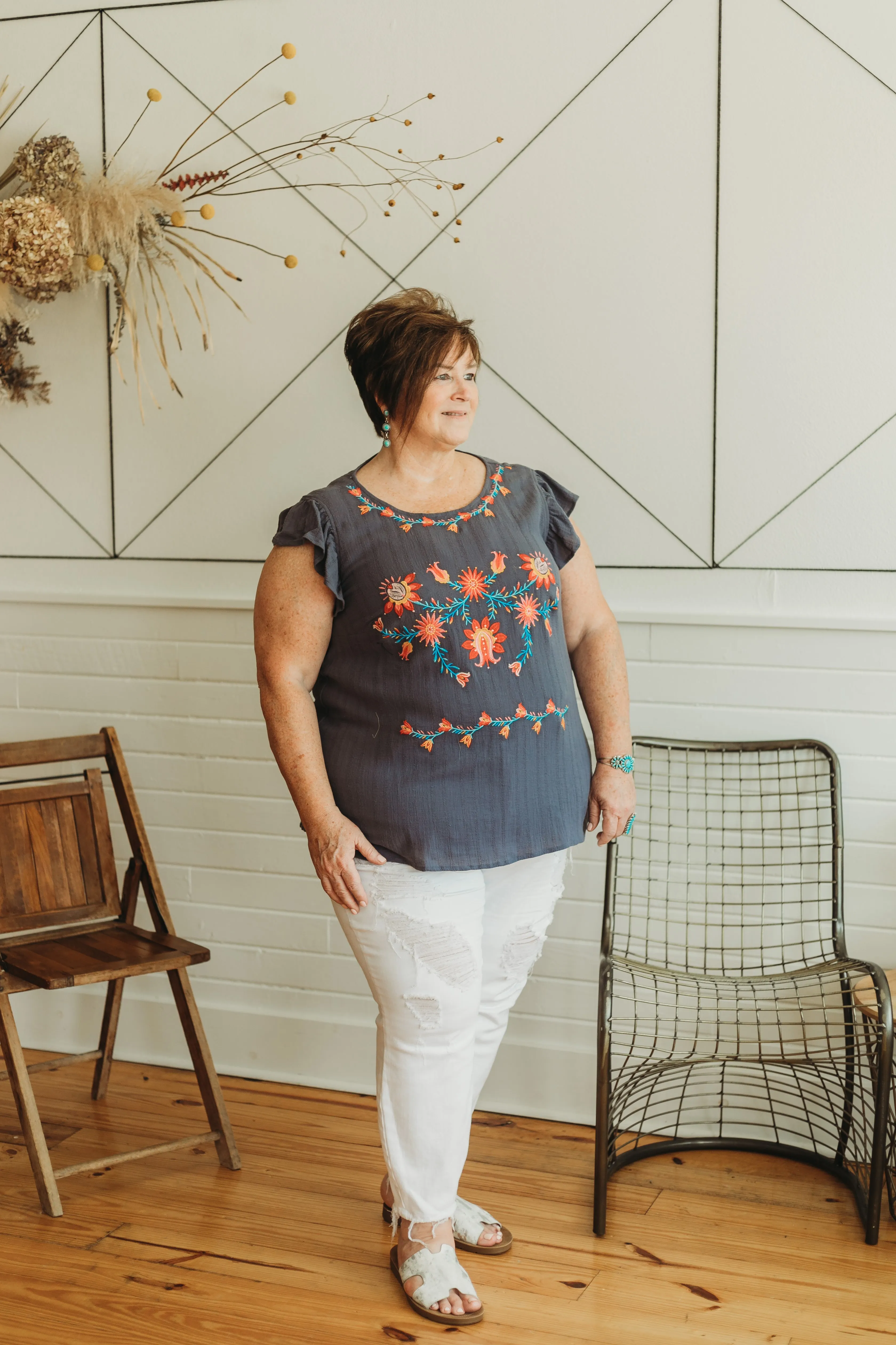 Last Chance Size 1XL | Easily Enchanted Floral Embroidered Ruffle Cap Sleeve Top in Dusty Navy