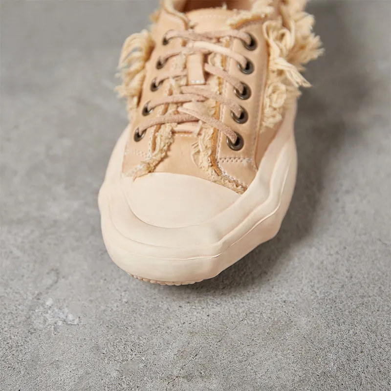 Leather Flatform Low-top Sneakers for Women Fringed Detail in Apricot/Grey