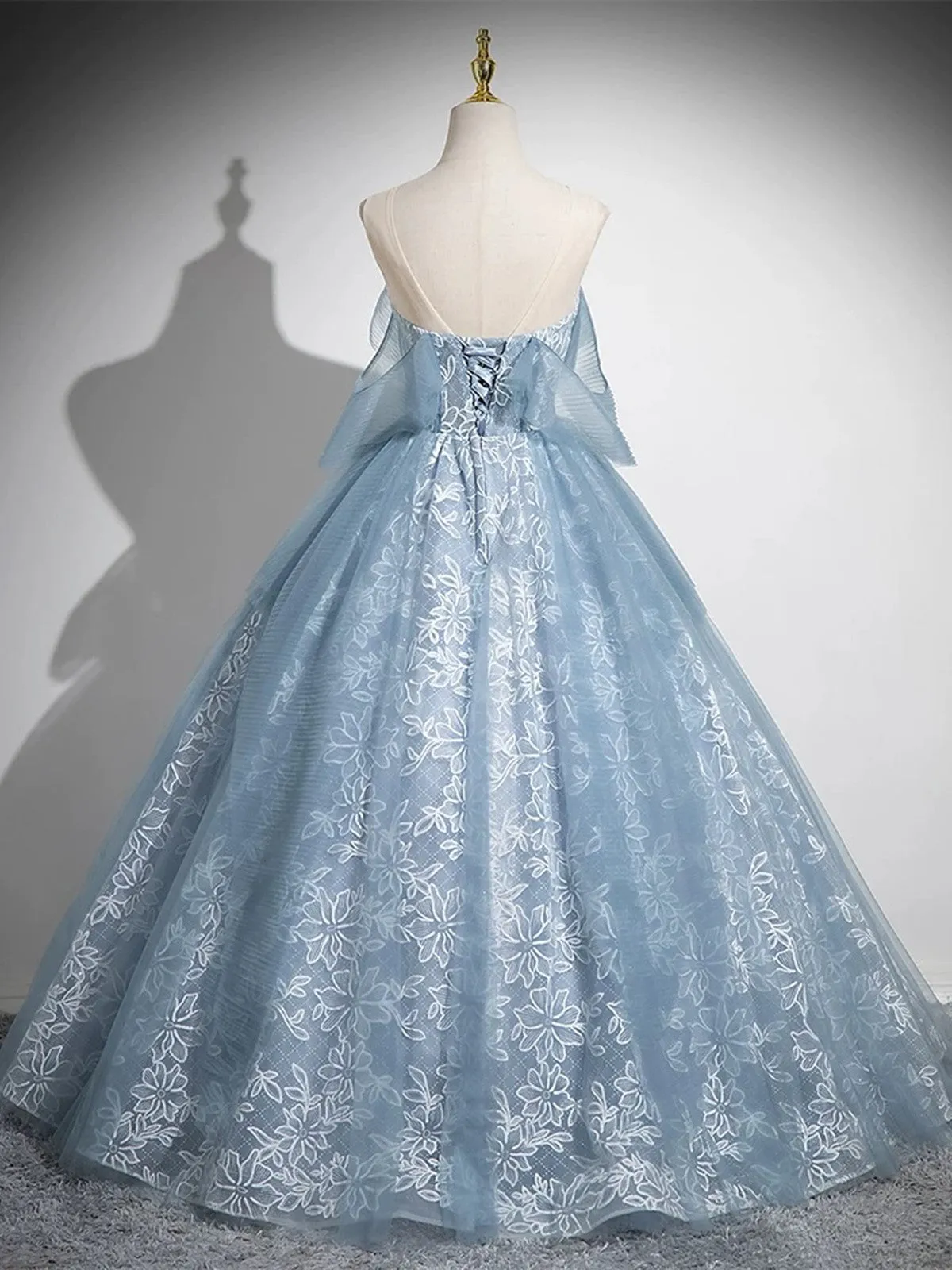 Light Blue A-line Lace and Tulle Long Party Dress, Blue Round Neckline Prom Dress