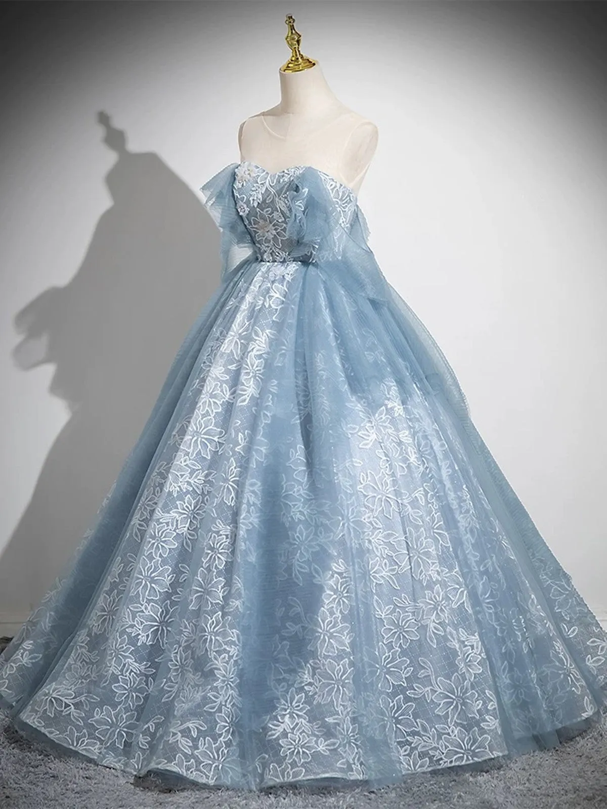 Light Blue A-line Lace and Tulle Long Party Dress, Blue Round Neckline Prom Dress