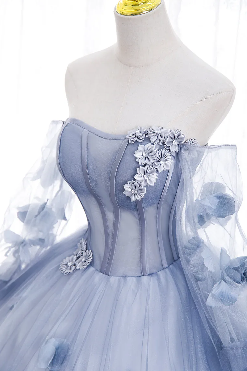 Light Blue Tulle Long Sleeves with Flowers, Blue Junior Prom Dresses