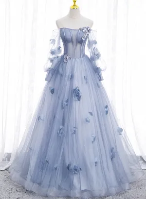 Light Blue Tulle Long Sleeves with Flowers, Blue Junior Prom Dresses