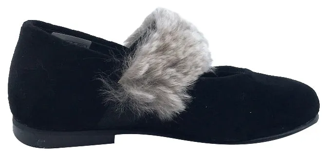 Luccini Girl's Slip-On Mary Jane with Fur Trim (Black Suede)