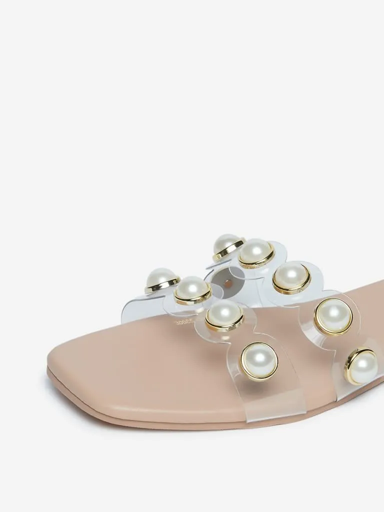 LUNA BLU Beige Faux-Pearl Design Sandals