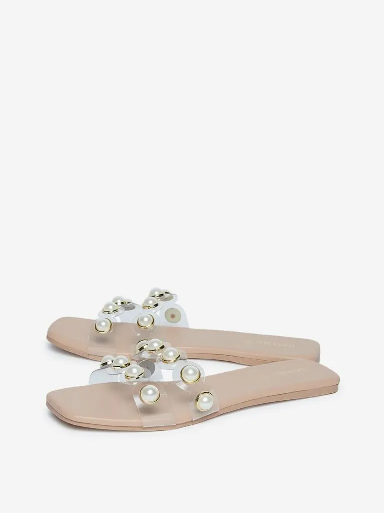 LUNA BLU Beige Faux-Pearl Design Sandals