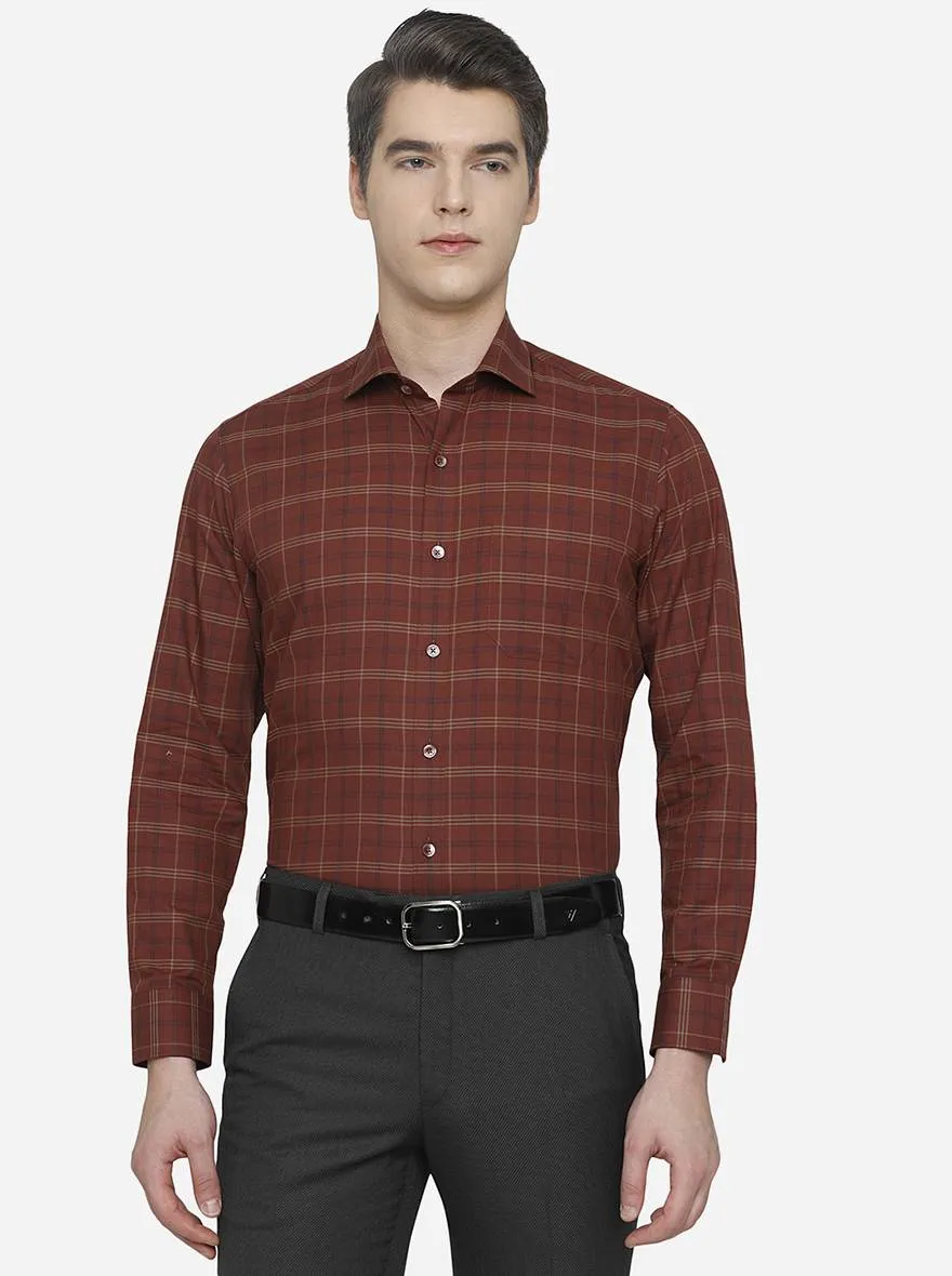 Maroon & Golden Checked Slim Fit Formal Shirt | JadeBlue