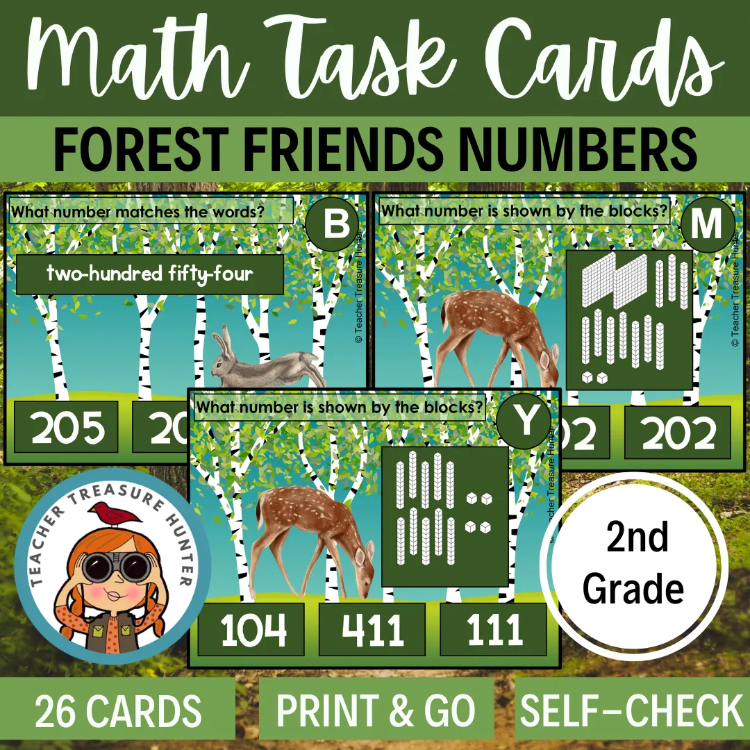 Math task cards for 2nd grade | word form and picture form for 3 digit numbers