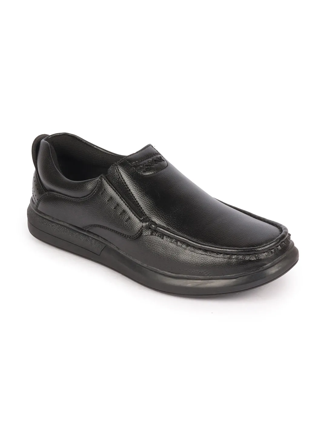 Men Black Genuine Leather Formal Office Comfort Broad Feet Side Stitched Slip On Shoes