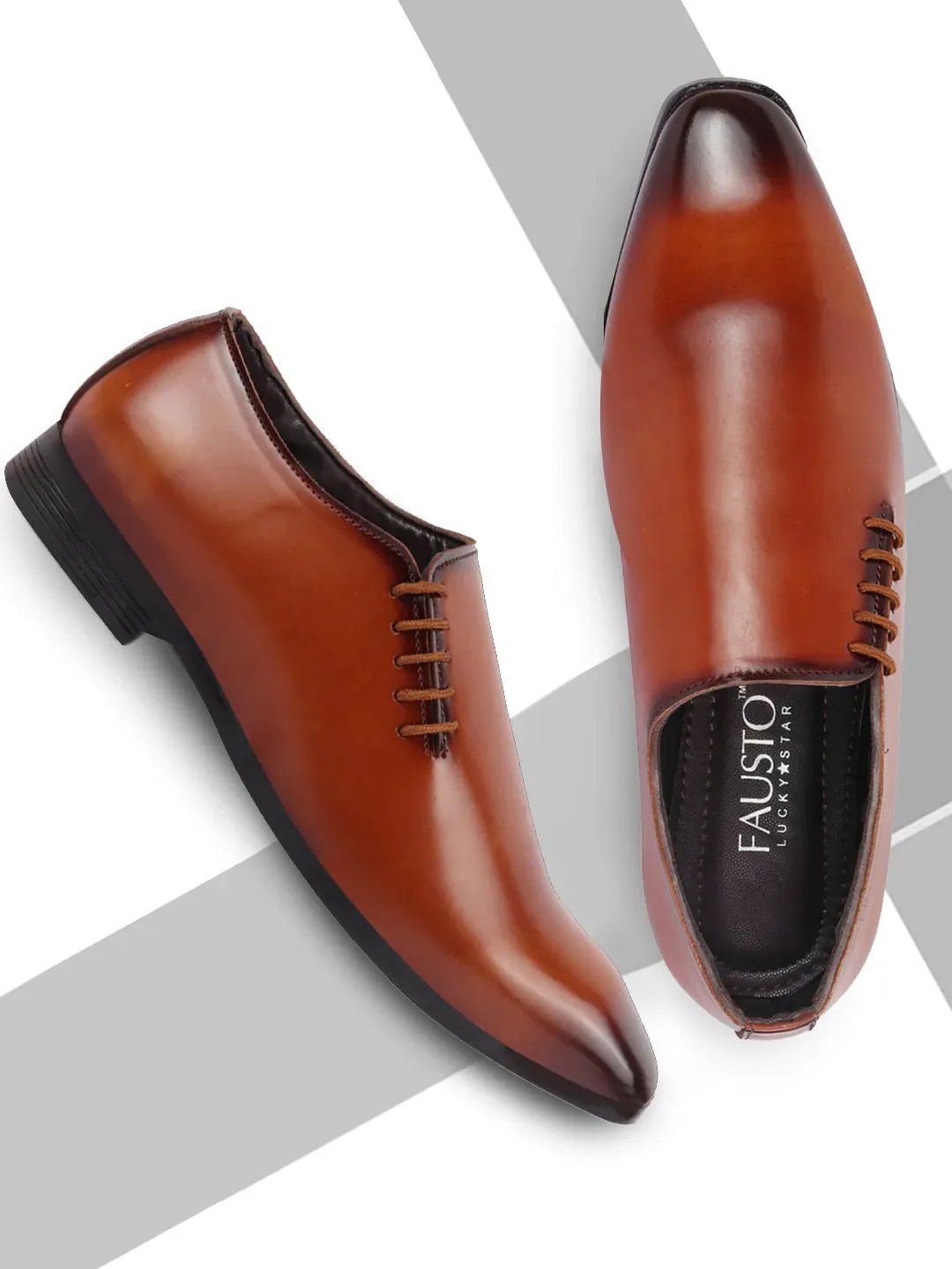 Men Tan Side Lace Up Formal Slip On Shoes