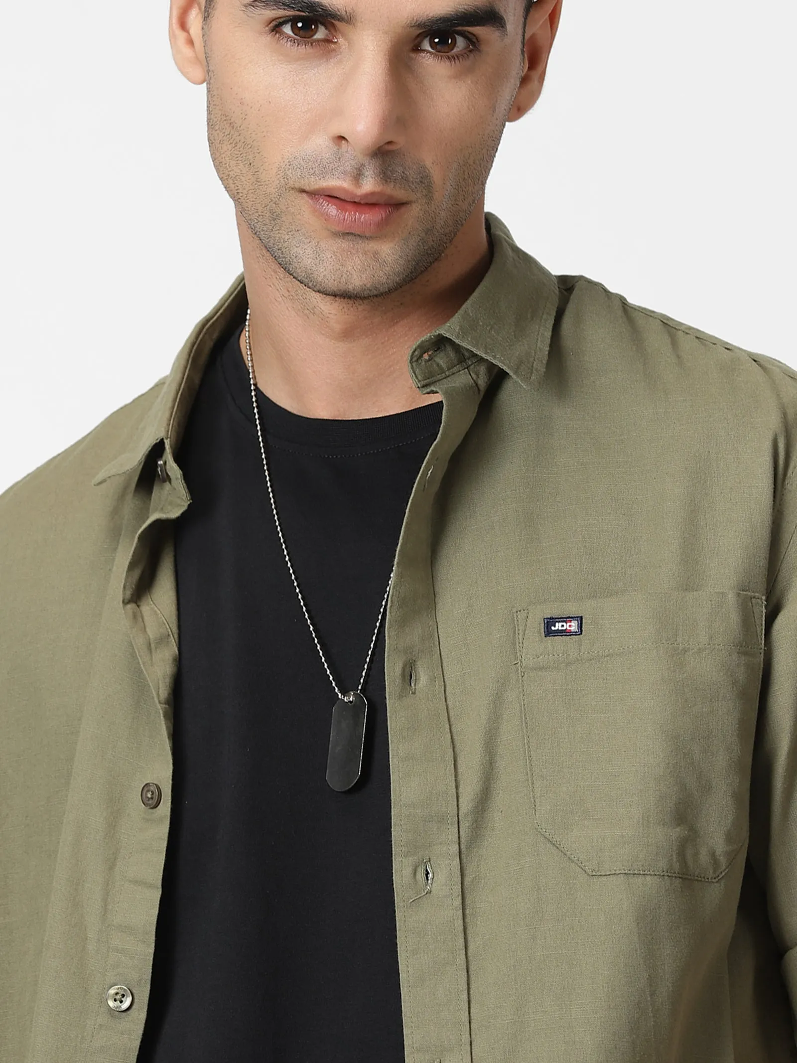 MEN'S BLUES GREEN SOLID SLIM FIT SHIRT