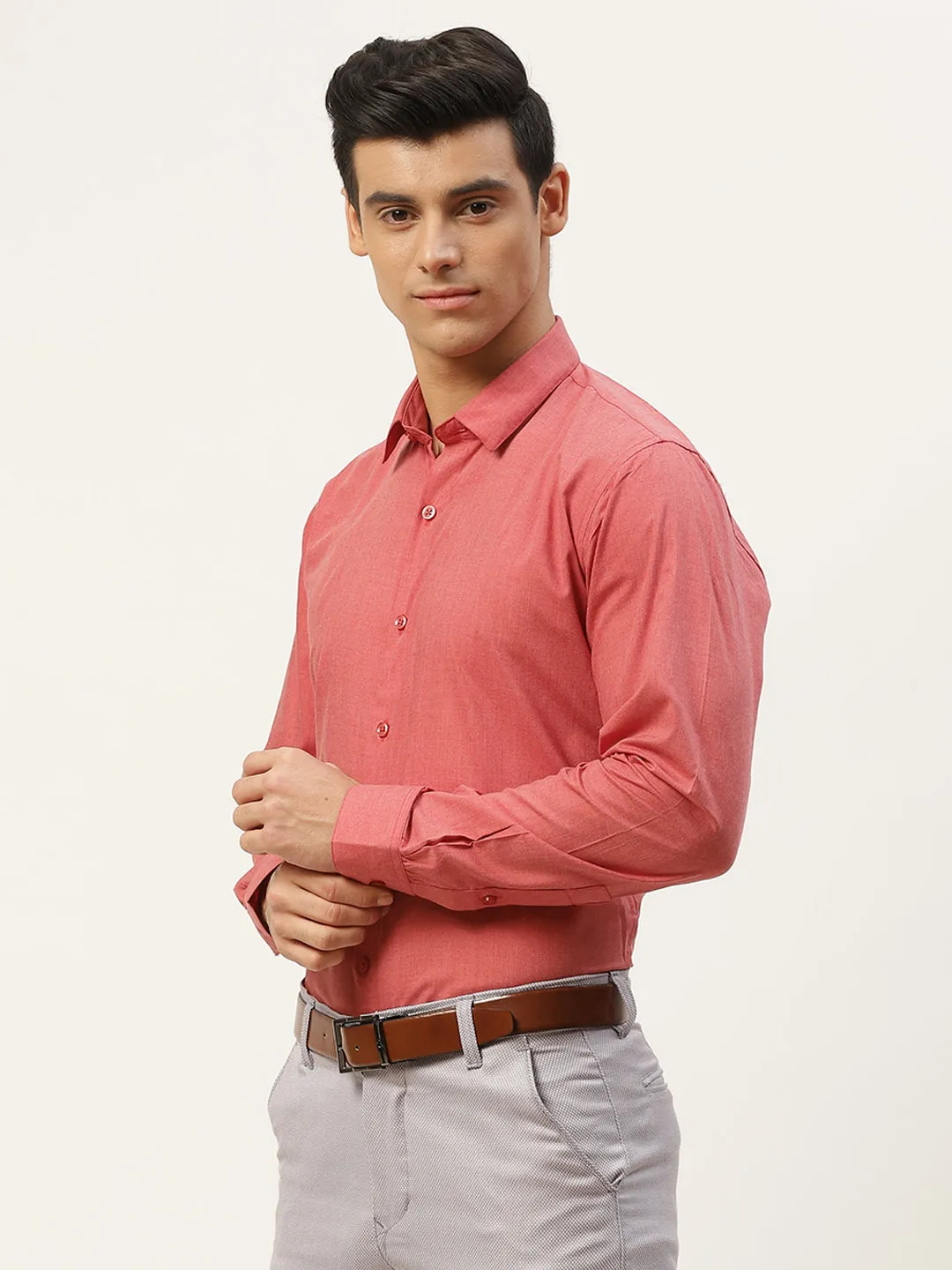 Men's Cotton Coral Red Classic Formal Shirt - Sojanya