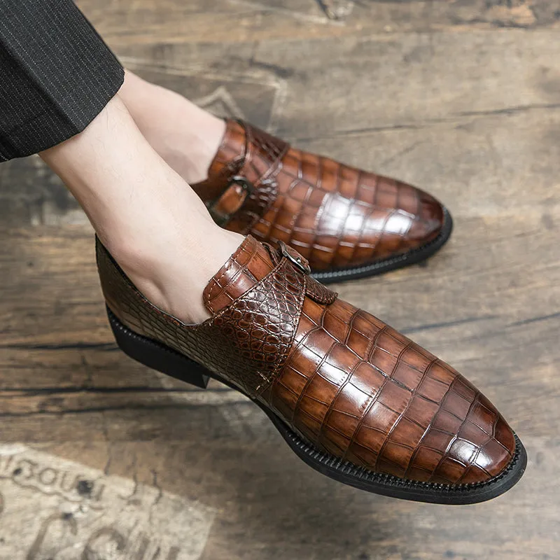 Men's Croc Embossed Pointed Toe Monk Dress Shoes | 8728