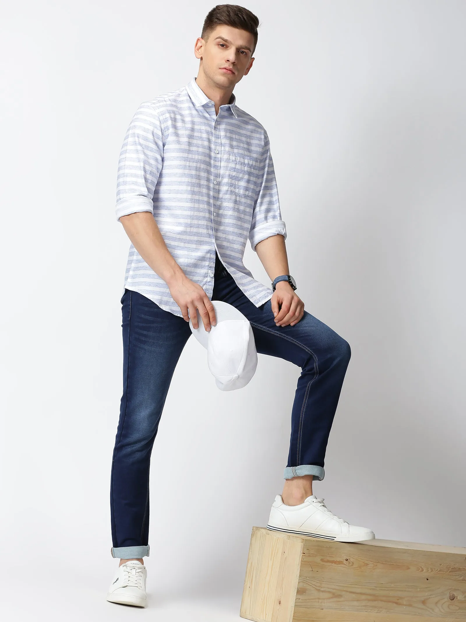 MEN'S LT BLUE STRIPE SLIM FIT SHIRT