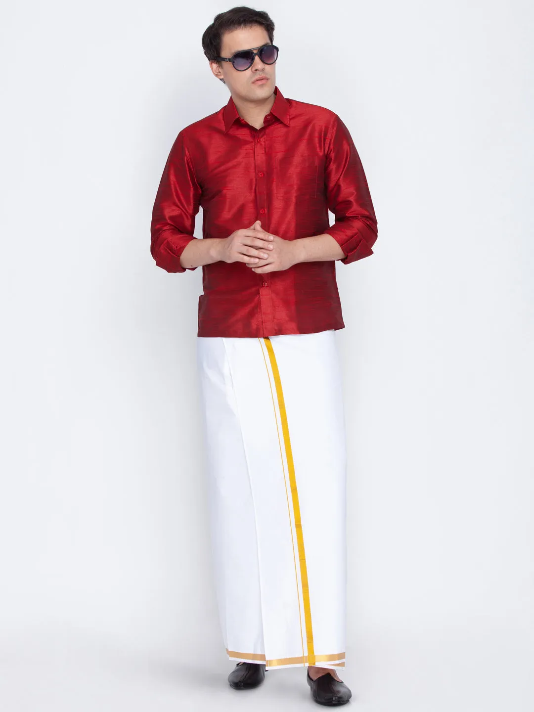 Men's Maroon Cotton Silk Blend Shirt with Dhoti