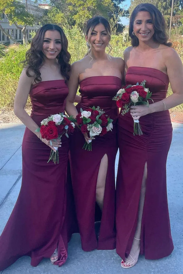 Mermaid Satin Strapless Burgundy Bridesmaid Dress with Slit BD126