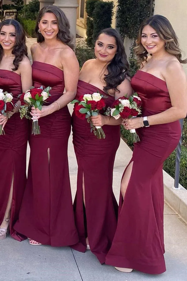 Mermaid Satin Strapless Burgundy Bridesmaid Dress with Slit BD126