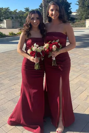 Mermaid Satin Strapless Burgundy Bridesmaid Dress with Slit BD126