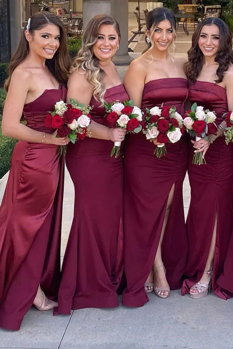 Mermaid Satin Strapless Burgundy Bridesmaid Dress with Slit BD126