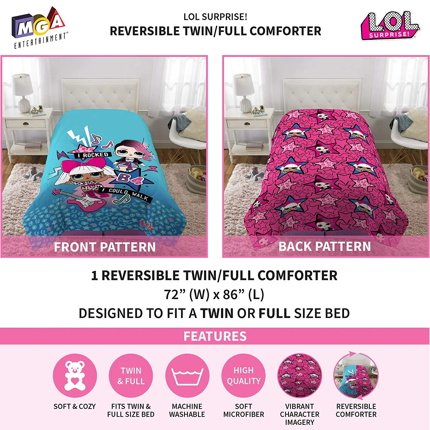 MGA LOL Surprise - Edredón Reversible de Microfibra Suave para niños, Doble/Completo, Azul/Rosado, Twin/Full 72" x 86", 1, 1