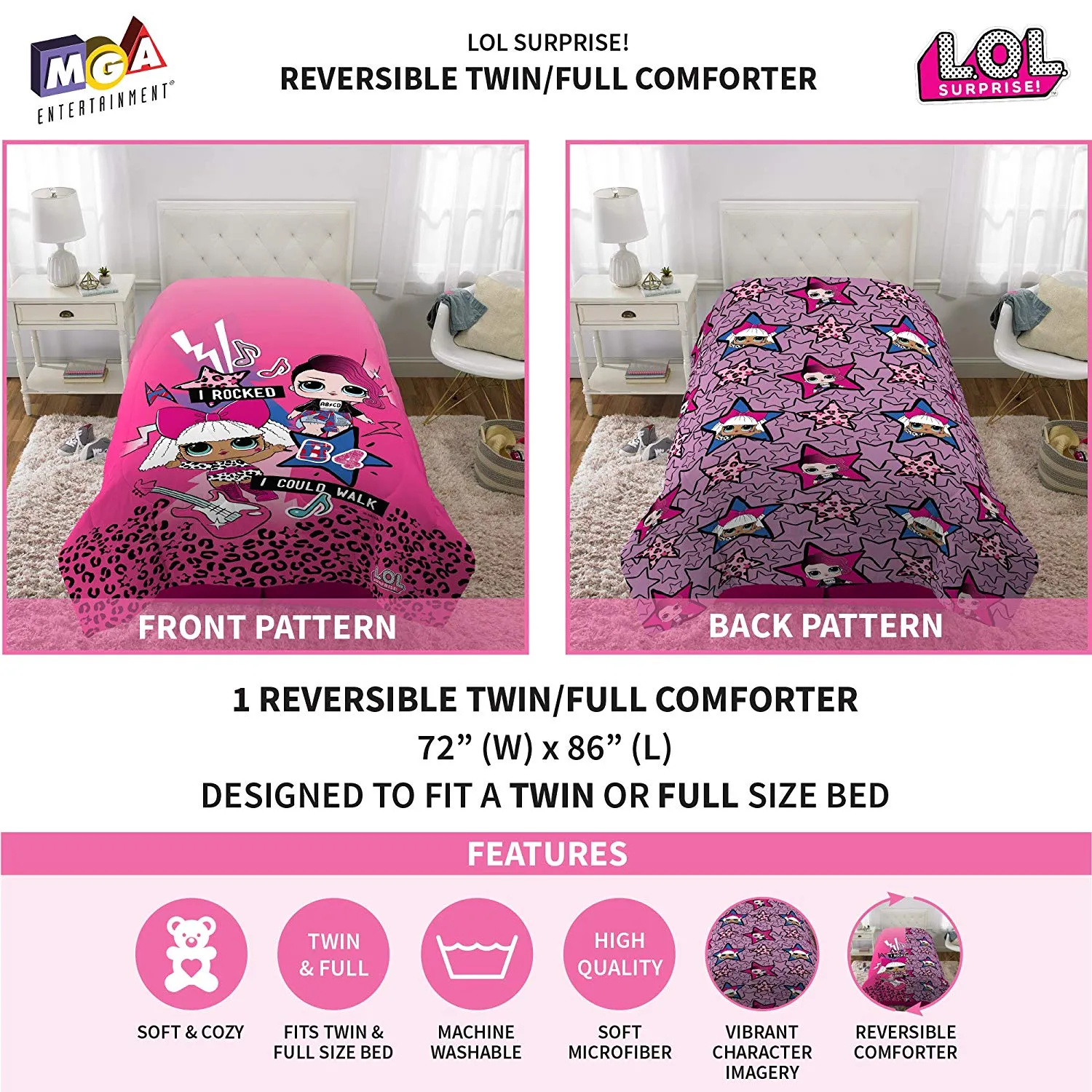 MGA LOL Surprise - Edredón Reversible de Microfibra Suave para niños, Doble/Completo, Azul/Rosado, Twin/Full 72" x 86", 1, 1