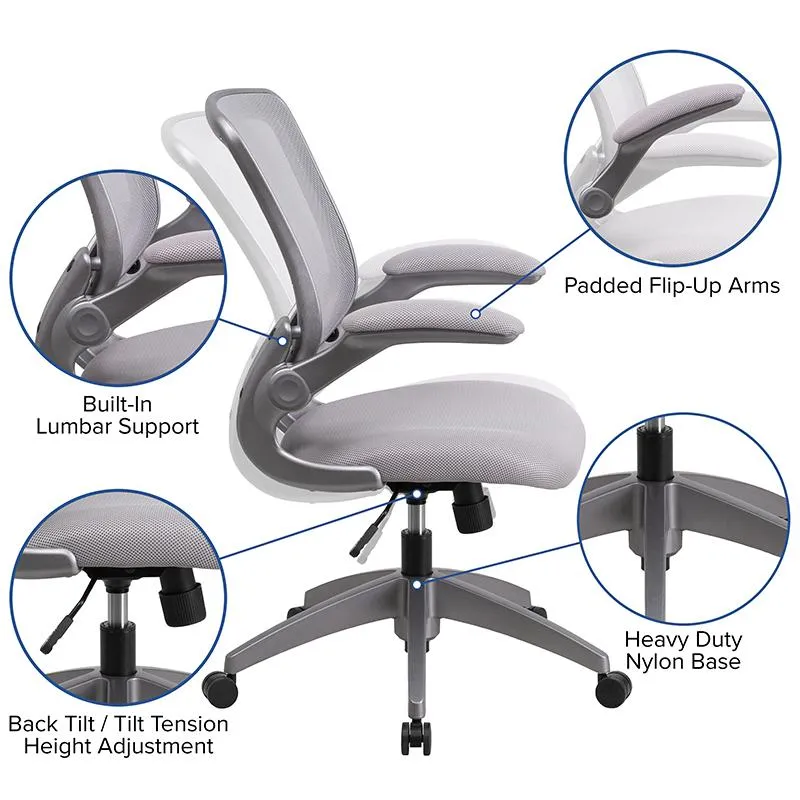 Mid-Back Gray Mesh Swivel Ergonomic Task Office Chair with Gray Frame and Flip-Up Arms