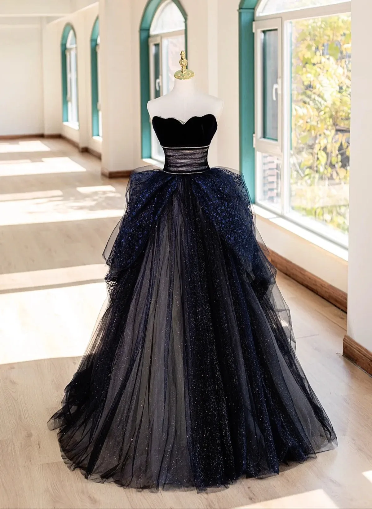 Navy Blue and Black Sweetheart Beaded Tulle Long Evening Dress, Long Prom Dress