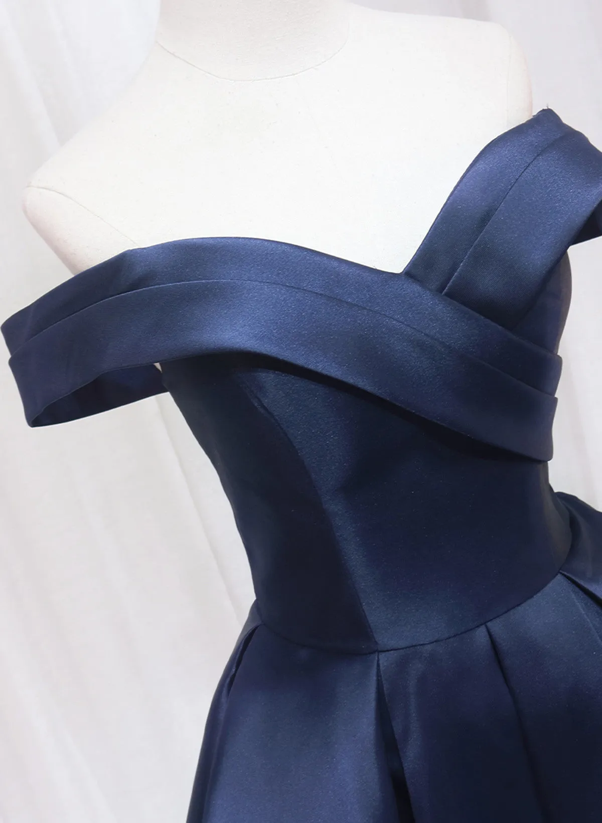 Navy Blue Satin Off Shoulder Homecoming Dress, Navy Blue Prom Dress