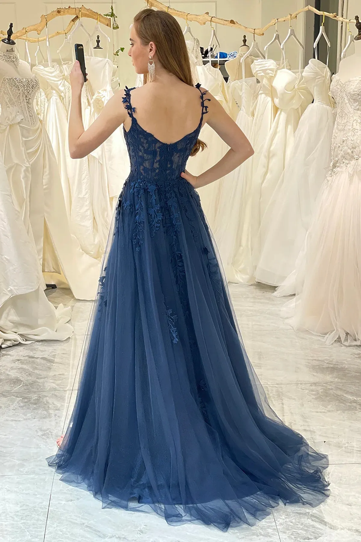 Navy Blue Sweetheart Straps Long Party Dress, A-line Prom Dress with Leg Slit