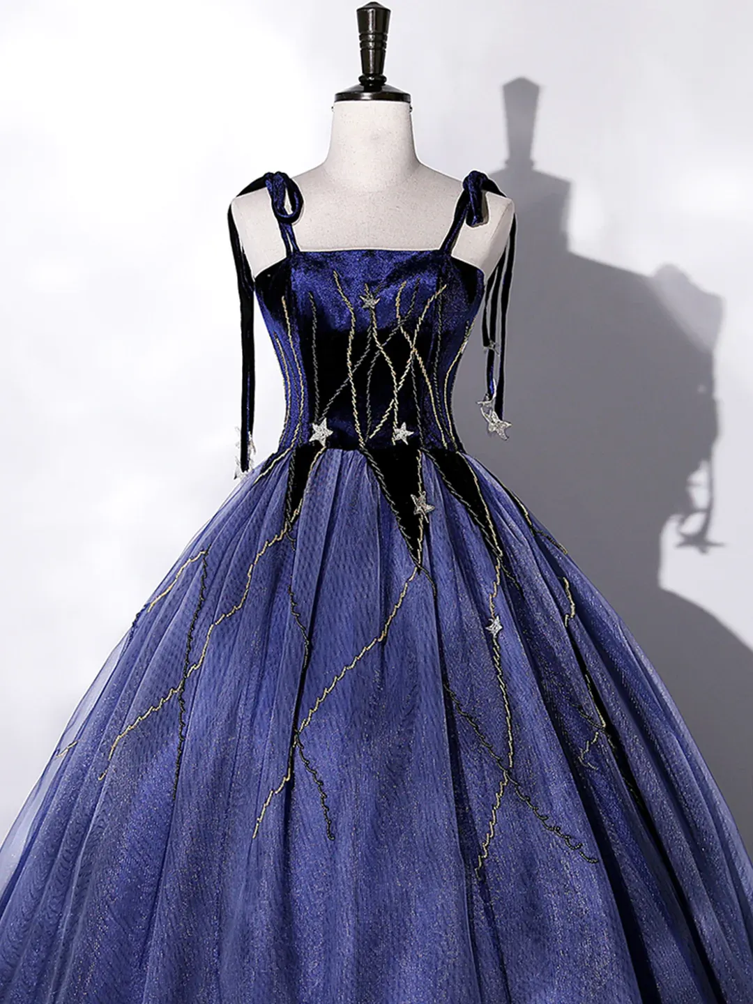 Navy Blue Tulle and Velvet Long Prom Dress, A-Line Straps Evening Party Dress