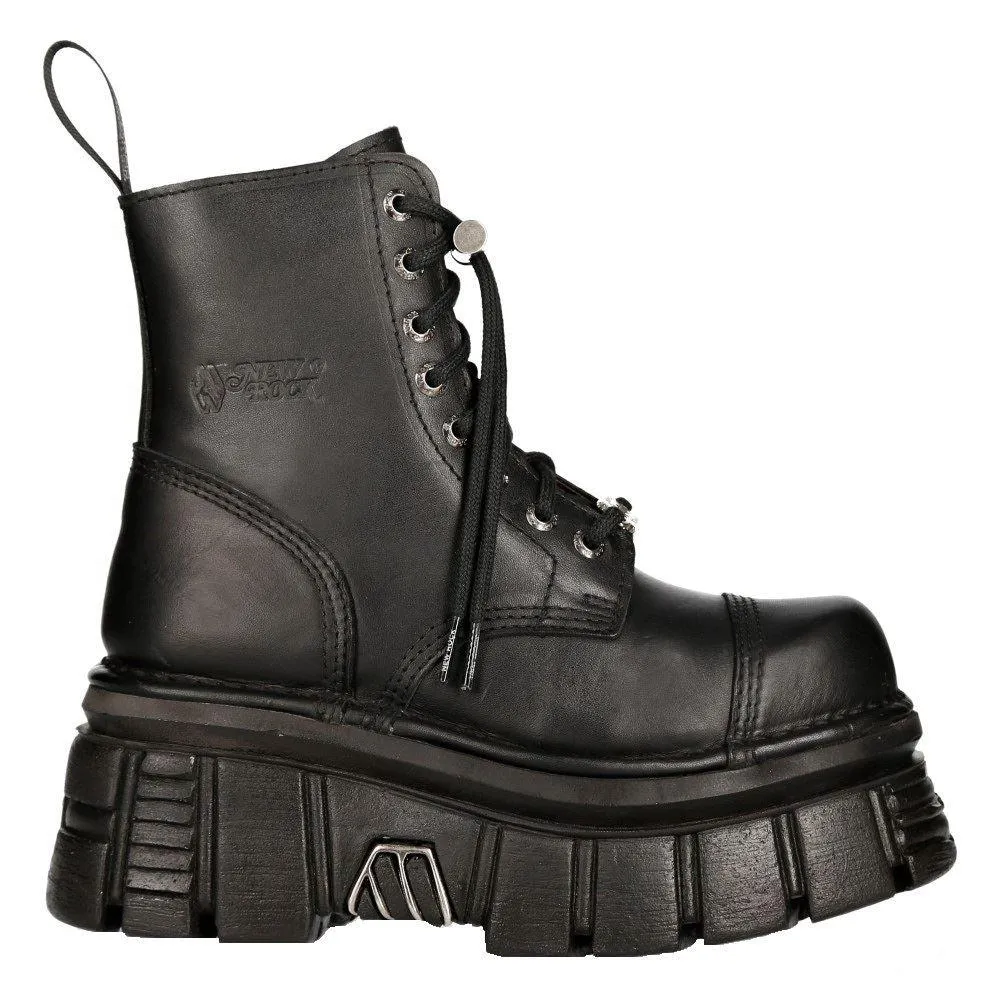 New Rock M-NewMILI083-S21 TOWER COMBAT BOOTS Black Leather Platform Biker Shoes