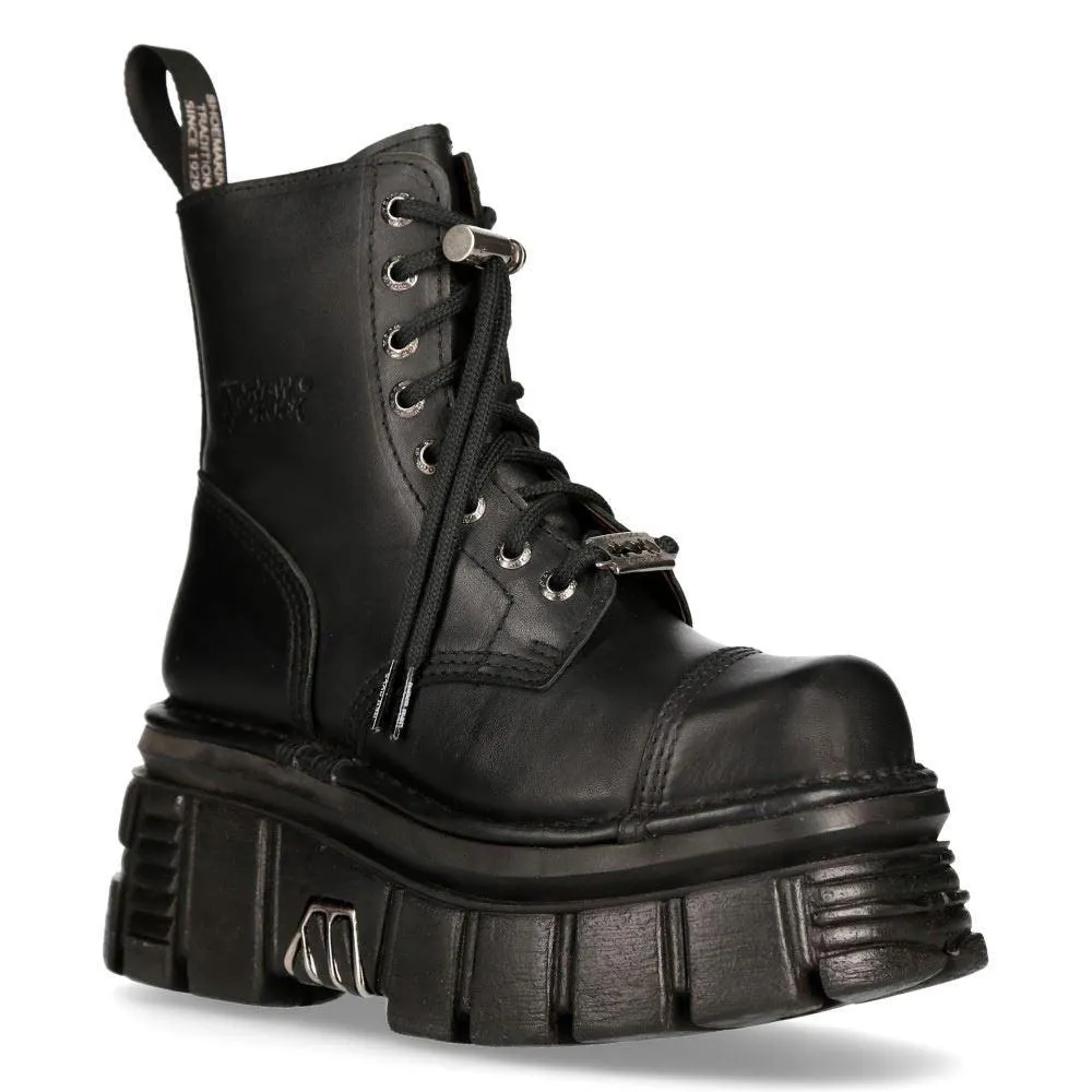 New Rock M-NewMILI083-S21 TOWER COMBAT BOOTS Black Leather Platform Biker Shoes