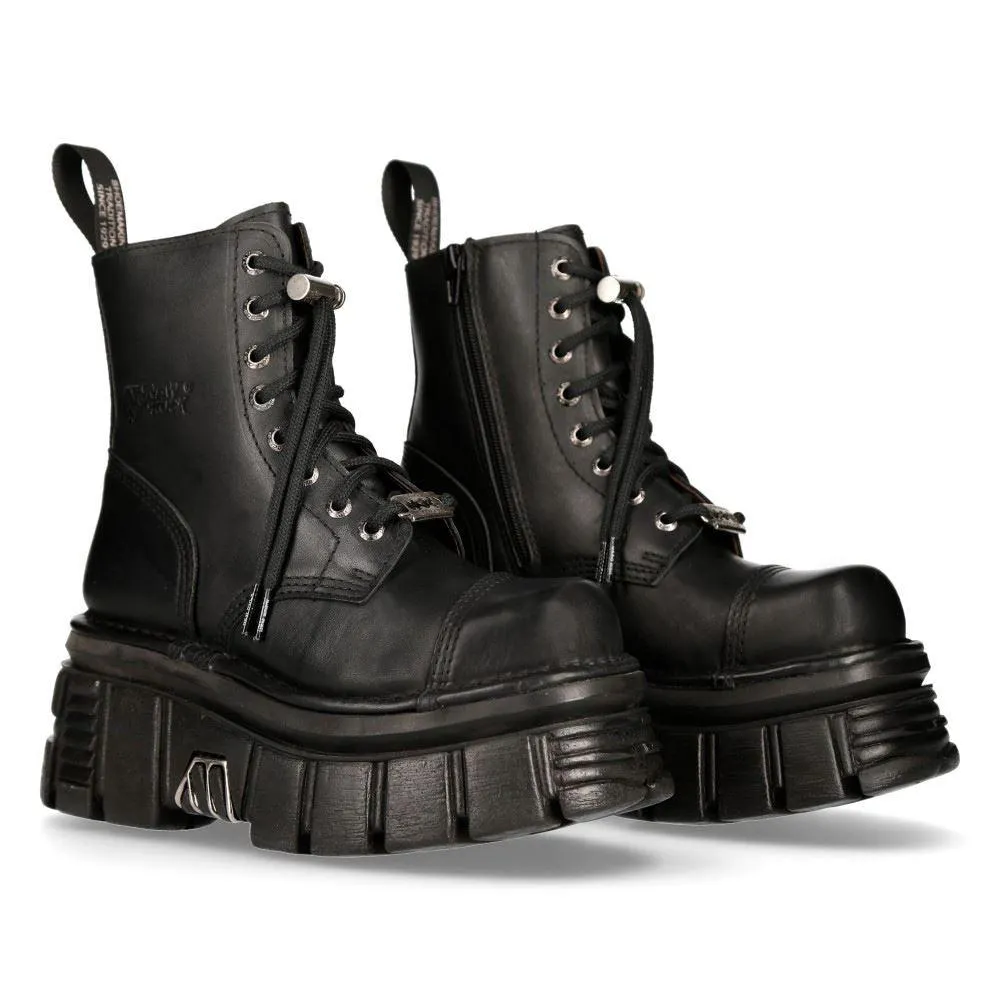 New Rock M-NewMILI083-S21 TOWER COMBAT BOOTS Black Leather Platform Biker Shoes