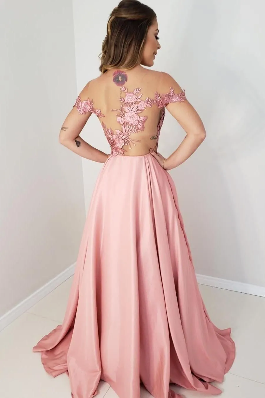 Off Shoulder Appliques Satin Long Prom Dress,Formal Dresses Pink Formal Gown